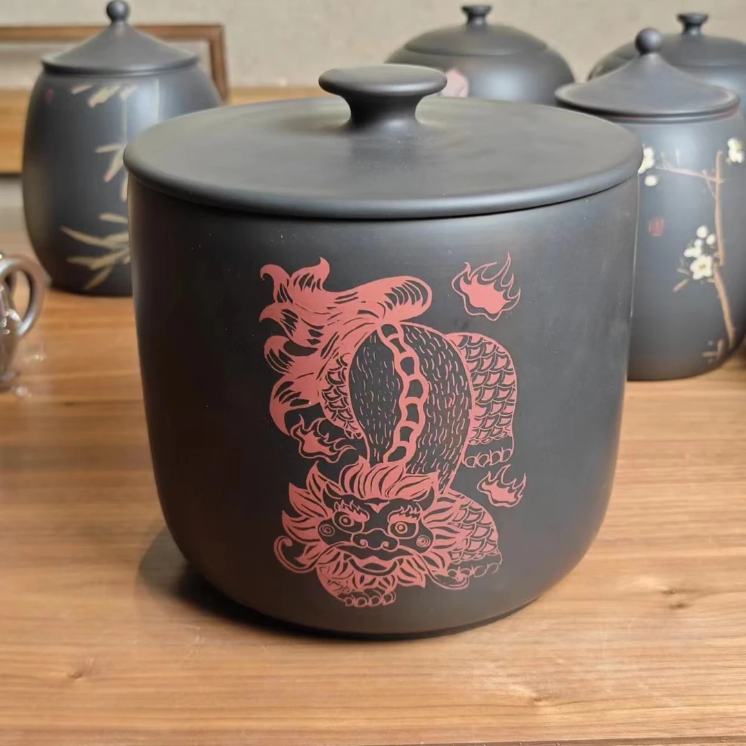 建水紫陶茶叶罐 狮纹罐 1对装