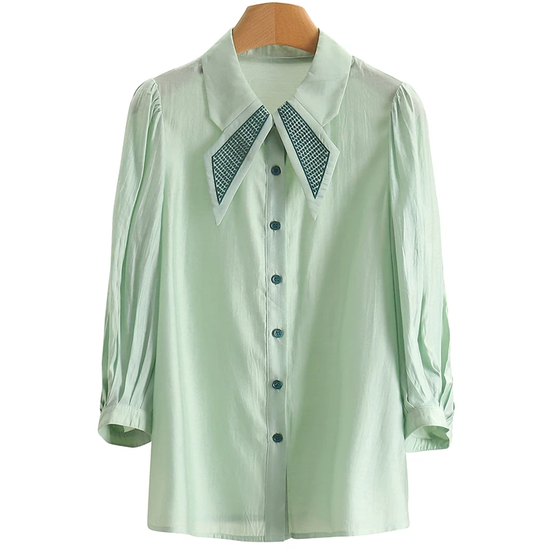 【伍莎-自营】法式七分袖宽松方领休闲衬衫