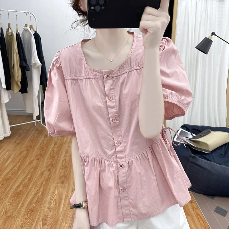 圆领宽松短袖衬衫女2025韩版夏装减龄上衣复古纯色系带娃娃衫气质