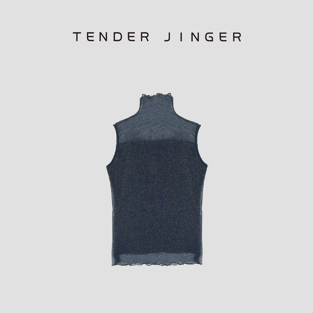 Tender Jinger优雅半高领木耳边亮丝网纱背心T53YRR30730