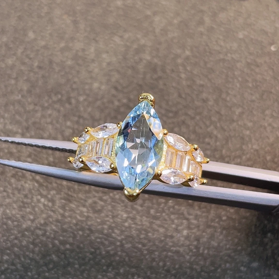 戒圈海蓝宝石银S925镀金镶嵌