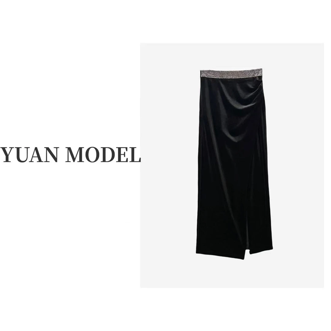 YUAN MODEL/媛老板-开衩烫钻气质黑色中长半身裙女装包臀裙091319