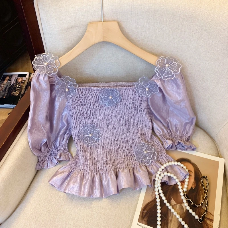 立体花朵荷叶边方领露锁骨衬衫女夏季泡泡袖甜美气质短袖缎面上衣