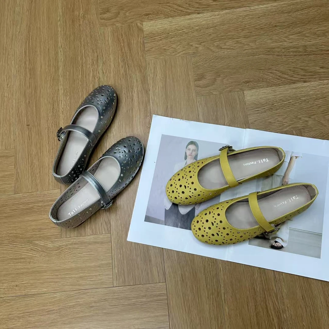 复古镂空玛丽珍2025夏季新款平底一字带浅口洞洞单鞋H7567
