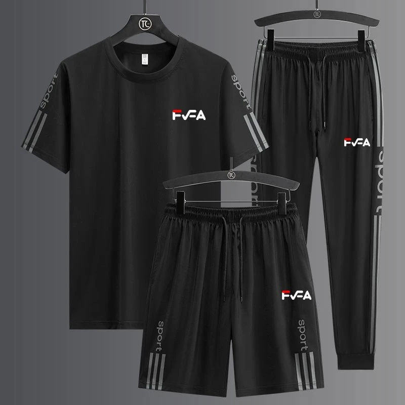 裴乐夏季运动套装短袖T恤男冰丝速干服装三件套