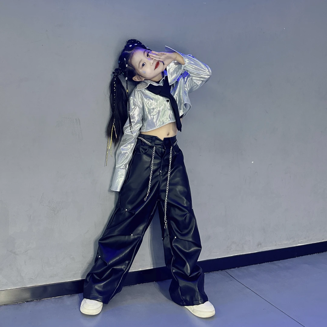 女童潮酷爵士风露腰舞蹈服中大童洋气表演服套装潮