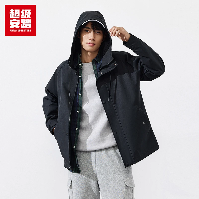 超级安踏休闲连帽风衣男士2025新款流光风宽松防风多口袋运动外套