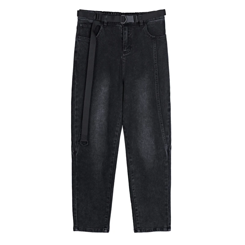 sdeer圣迪奥女装时尚休闲百搭酷感织带拼接牛仔九分裤S20480804