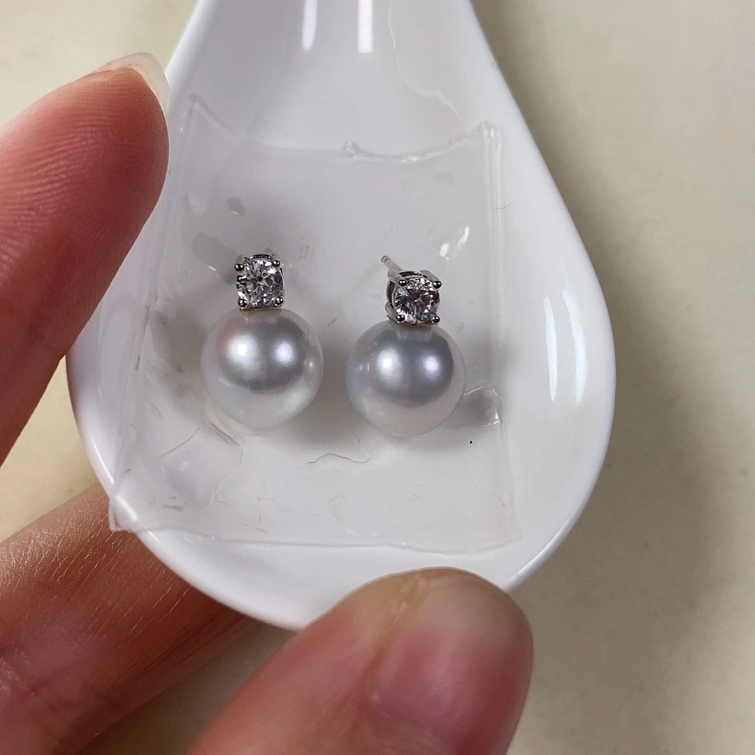 淡水珍珠耳饰银S925镶嵌9-10mm极微瑕