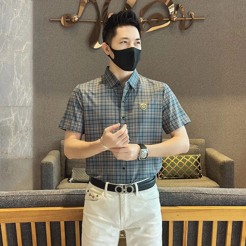 2025男士夏季翻领t恤衬衫短袖潮流时尚港风休闲衬衣薄款免熨抗皱