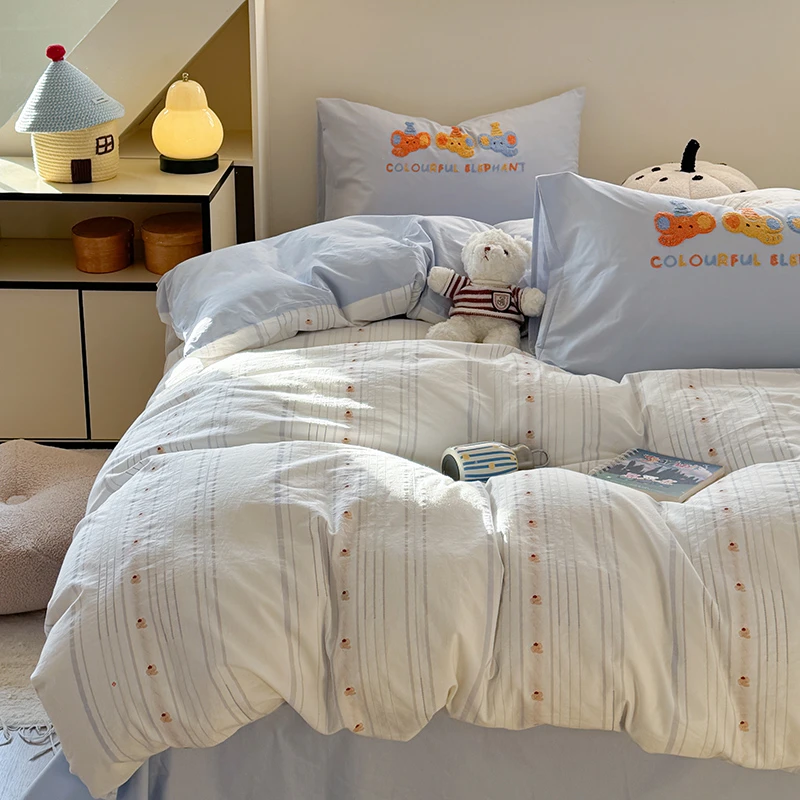 A类提花纯棉水洗棉四件套可爱毛巾绣全棉被套小清新卡通三件套1.5