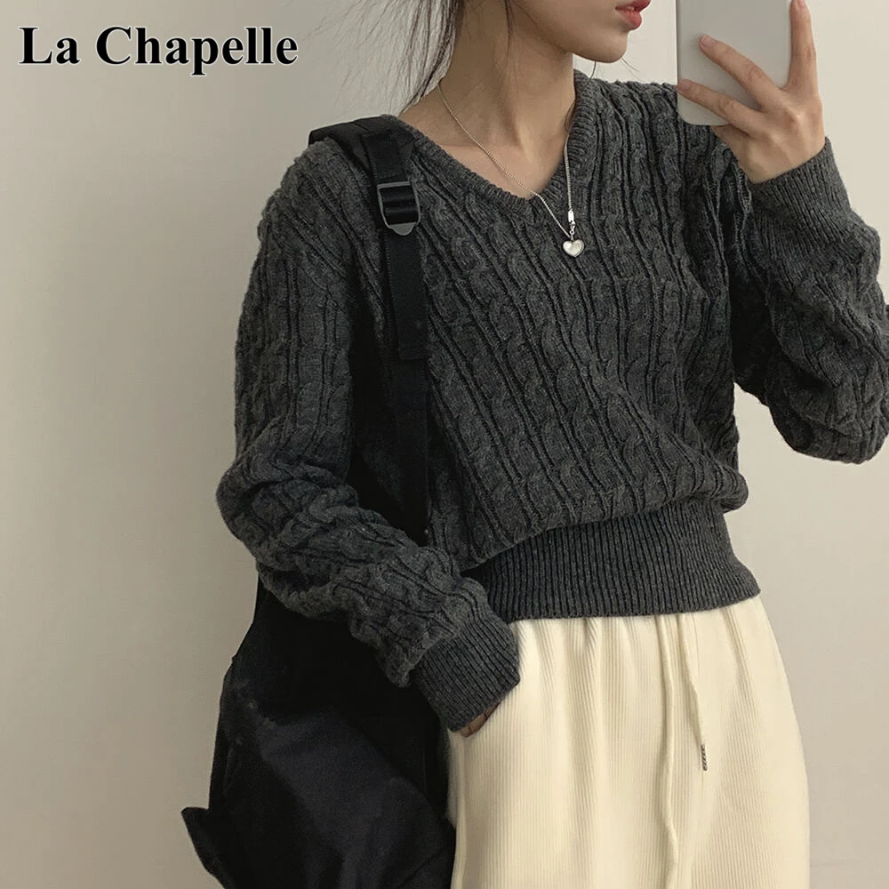 拉夏贝尔韩版chic麻花套头长袖V领毛衣女冬季显瘦收腰打底针织衫