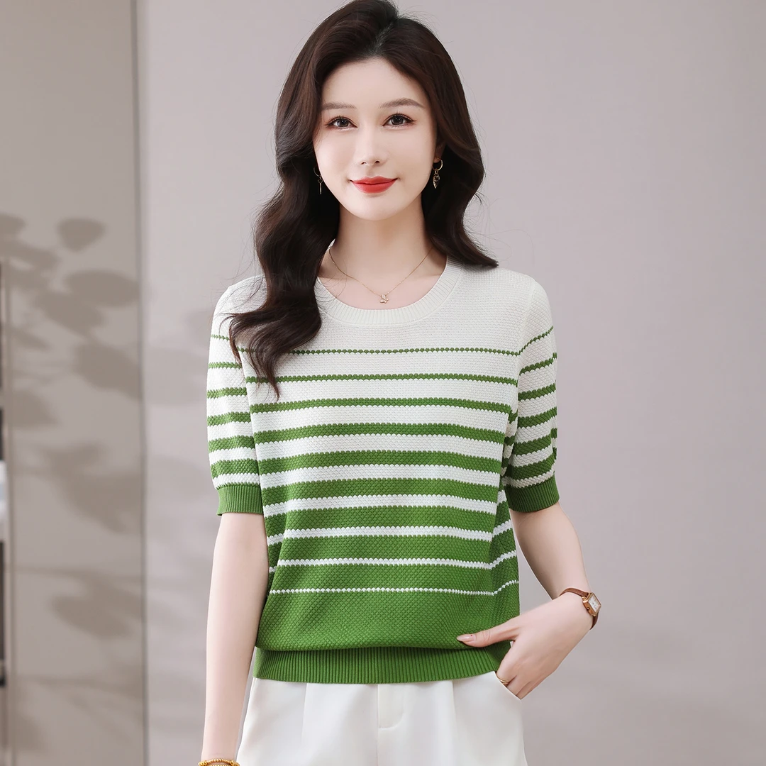 夏季新款短袖条纹针织静奢风T恤女薄款百搭显瘦洋气气质半袖上衣