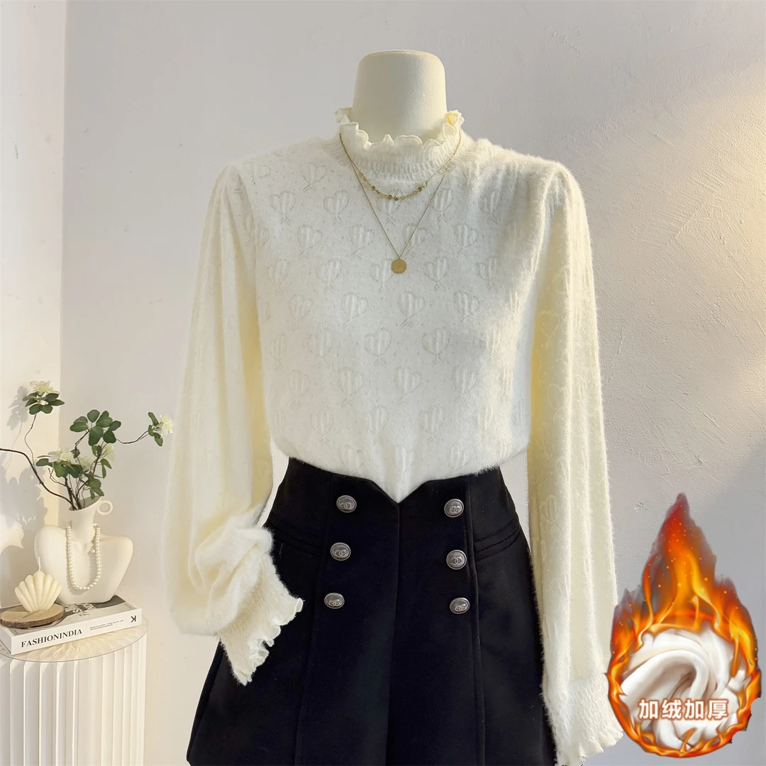 木耳花边立领蕾丝衫加绒加厚女2025秋冬减龄气质内搭打底小衫上衣