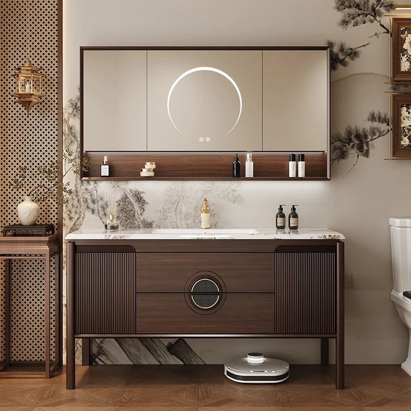 奢石新中式橡木浴室柜组合卫生间洗漱台陶瓷盆一体盆洗手洗脸盆