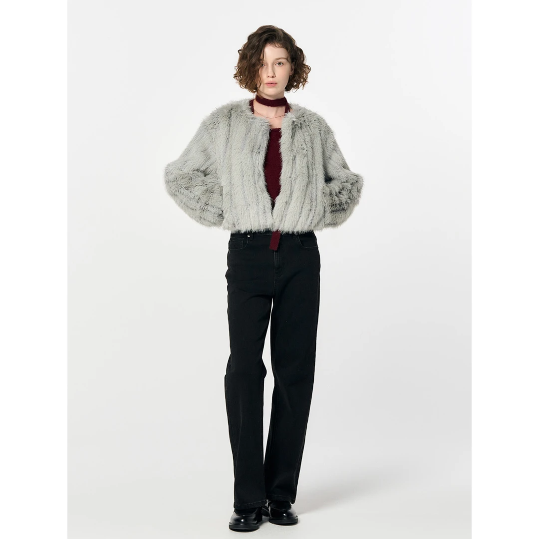 圆领复古仿貂毛短款外套9520