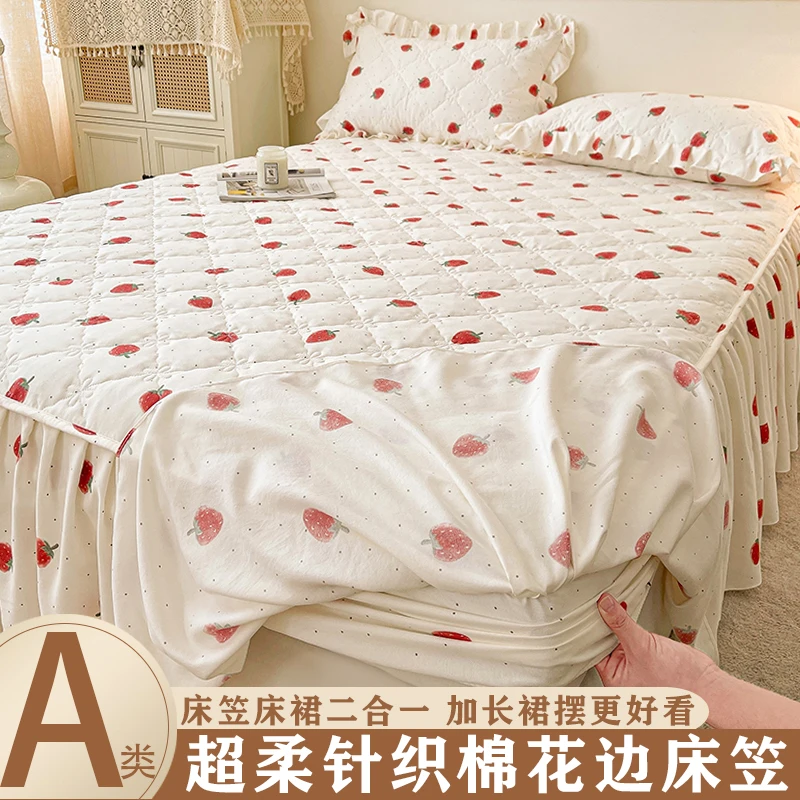 2025新款水洗棉夹棉印花花边床笠床裙二合一加厚床罩席梦思保护套