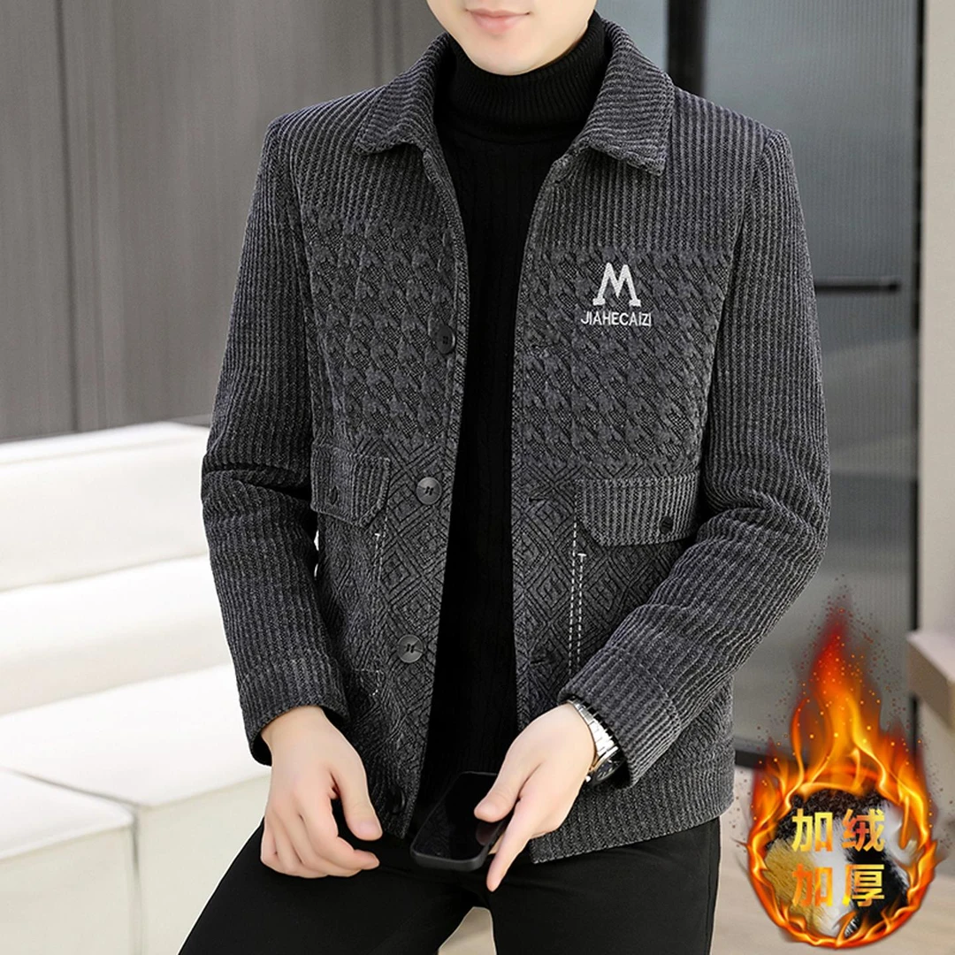 2025冬季时尚休闲毛呢大衣男款加绒加厚翻领短款呢子外套保暖夹克