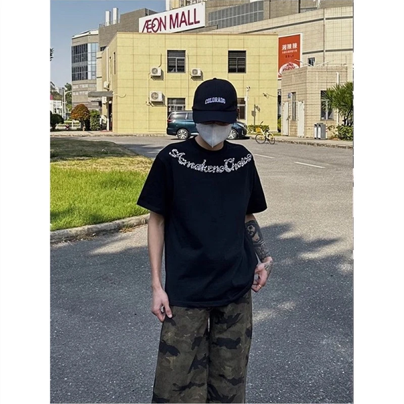 YUY1美式高街黑色项链钉珠珍珠情侣装夏季短袖t恤男款高级感上衣