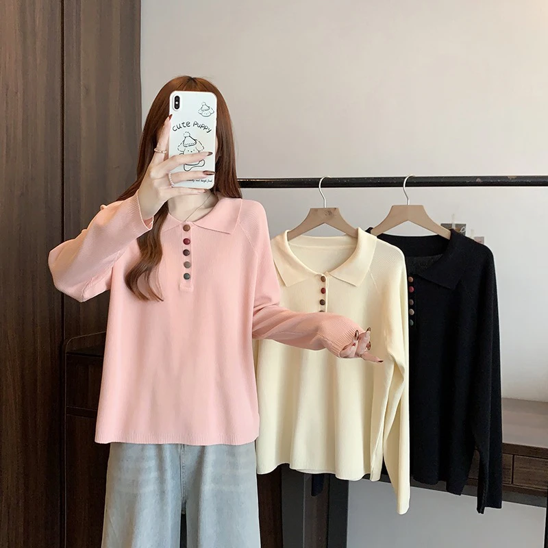 2025春装新款胖mm大码百搭气质软糯翻领针织上衣毛衣