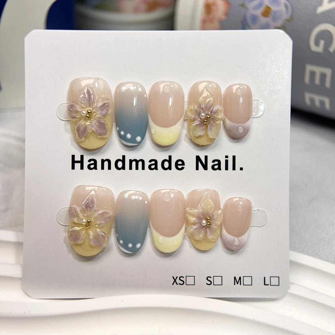 0021夏季海岛风法式显白立体雕花纯手工穿戴甲