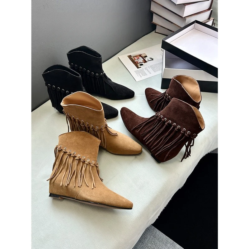 美式复古流苏平底内增高短筒靴女秋季款尖头棕色西部牛仔靴骑士靴