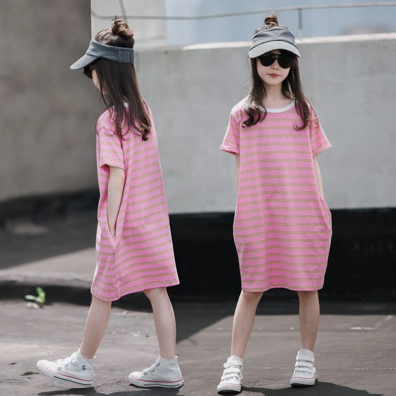 女童短袖连衣裙2025夏装儿童中长款t恤裙中大童夏季运动条纹裙子