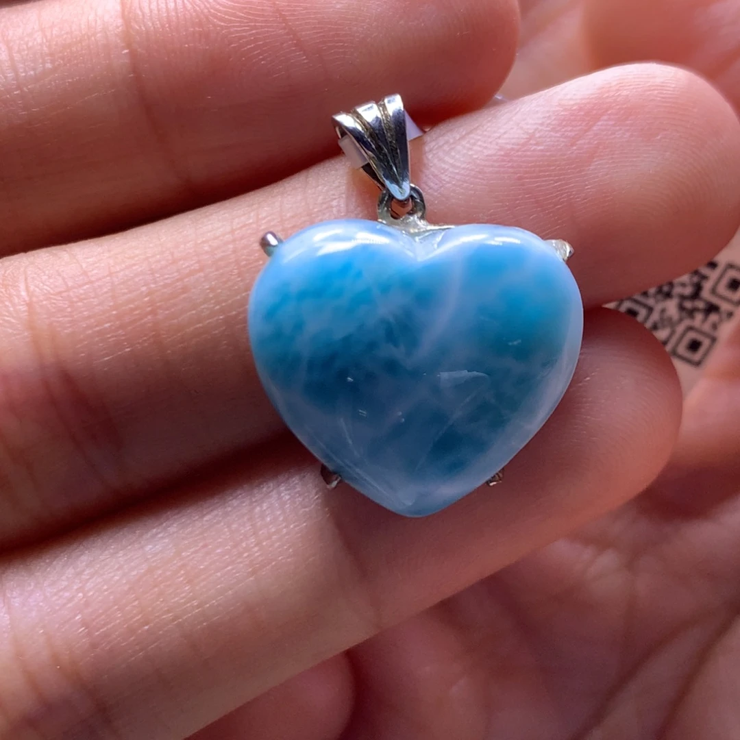 针钠钙石（海纹石）银S925镶嵌吊坠(不含链)爱心吊坠色差略异
