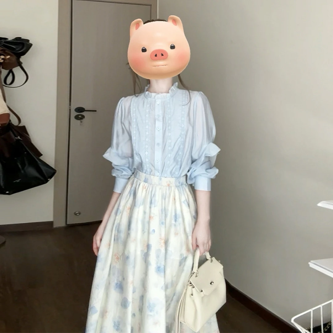 【现货+运补】法式蓝色碎花衬衫夏季高级感温柔风一整套装0082