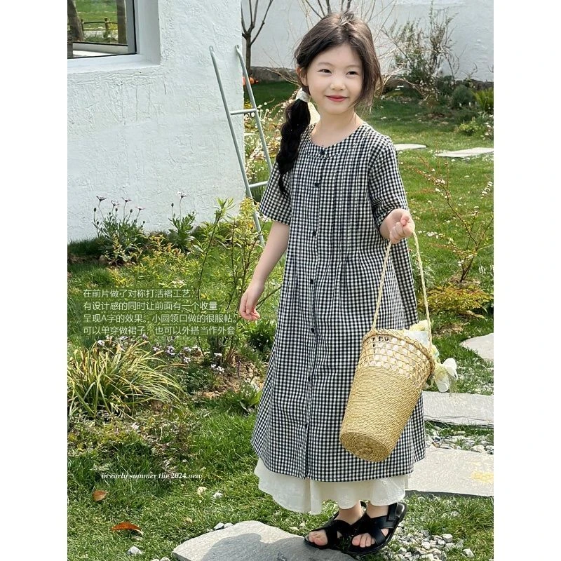 韩国童装女童格子罩衫套装新款夏季宝宝森系休闲长款连衣裙