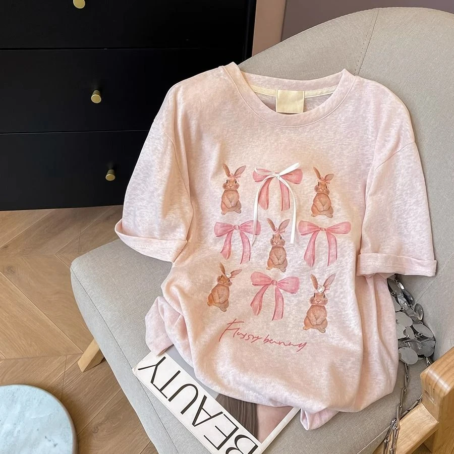 胖mm大码女装200斤甜美卡通印花短袖T恤夏季雪花棉减龄圆领上衣服