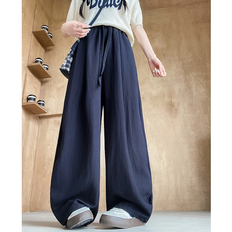 藏青色棉麻气球弯刀裤女夏薄款高腰休闲垂感宽松小个子亚麻阔腿裤