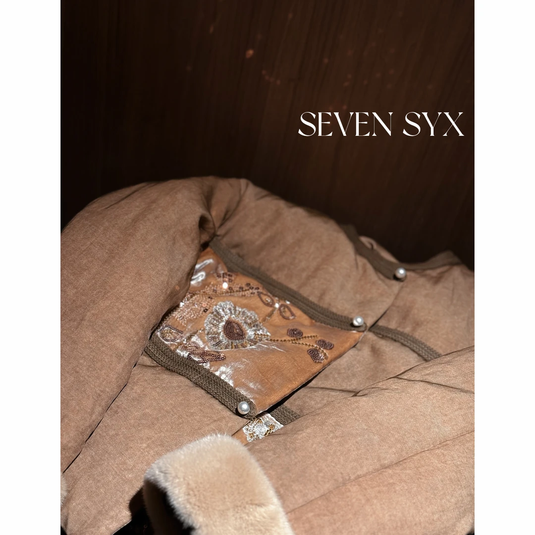 【琉璃刺绣】水貂毛袖口 丝绒拼接珠片 白鹅绒 深圳欧货 羽绒服