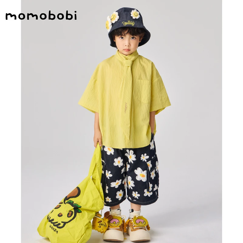 momobobi夏季新款男童短袖领带衬衫薄款中大童半袖衬衣韩版条纹衫