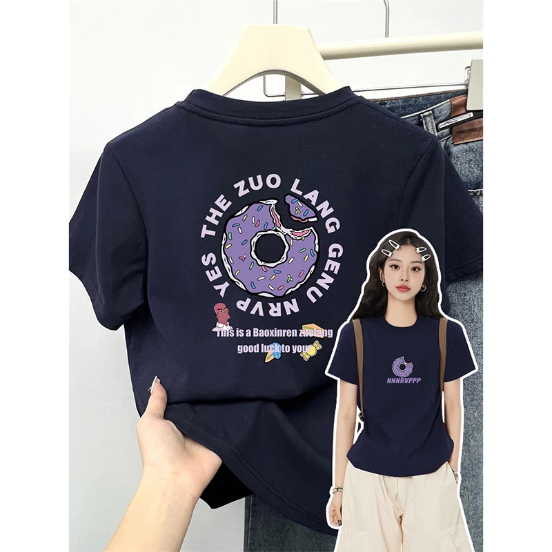 甜酷辣妹显瘦棉短袖t恤女别致甜甜圈印花上衣修身正肩弹力打底衫