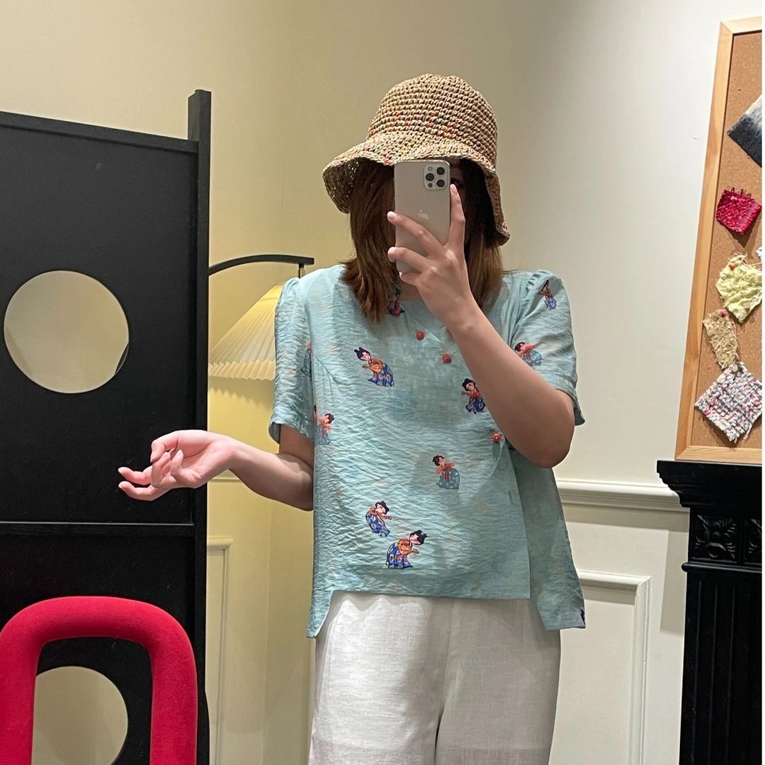 夏季新中式印花国风复古薄款气质显瘦宽松短袖衬衫减龄短款上衣
