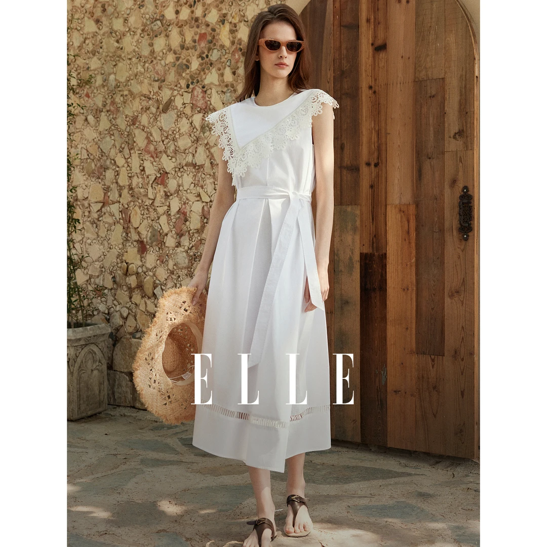 ELLE白色淑女风拼接花边连衣裙女2025夏新款优雅法式长裙EL50898