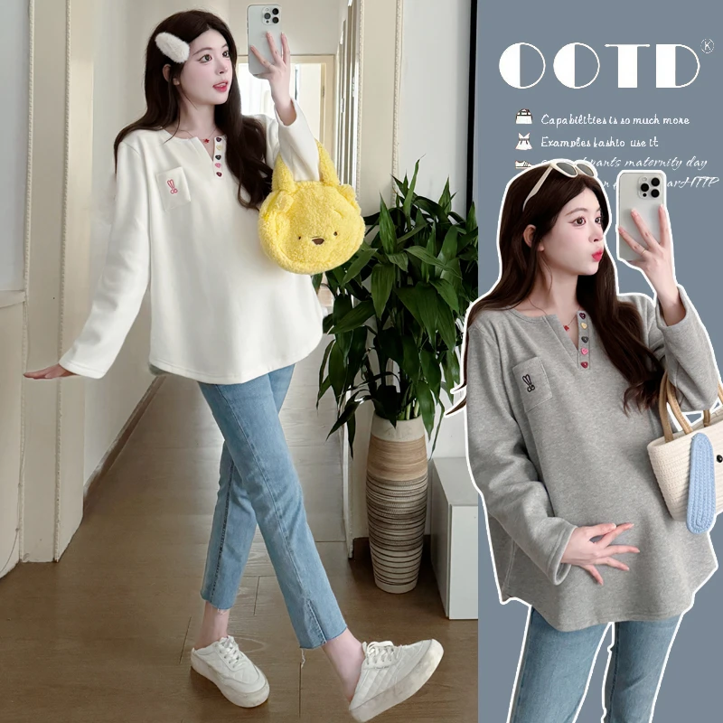 春秋新款韩版孕妇休闲V领时尚甜美刺绣洋气宽松显瘦长袖打底T恤