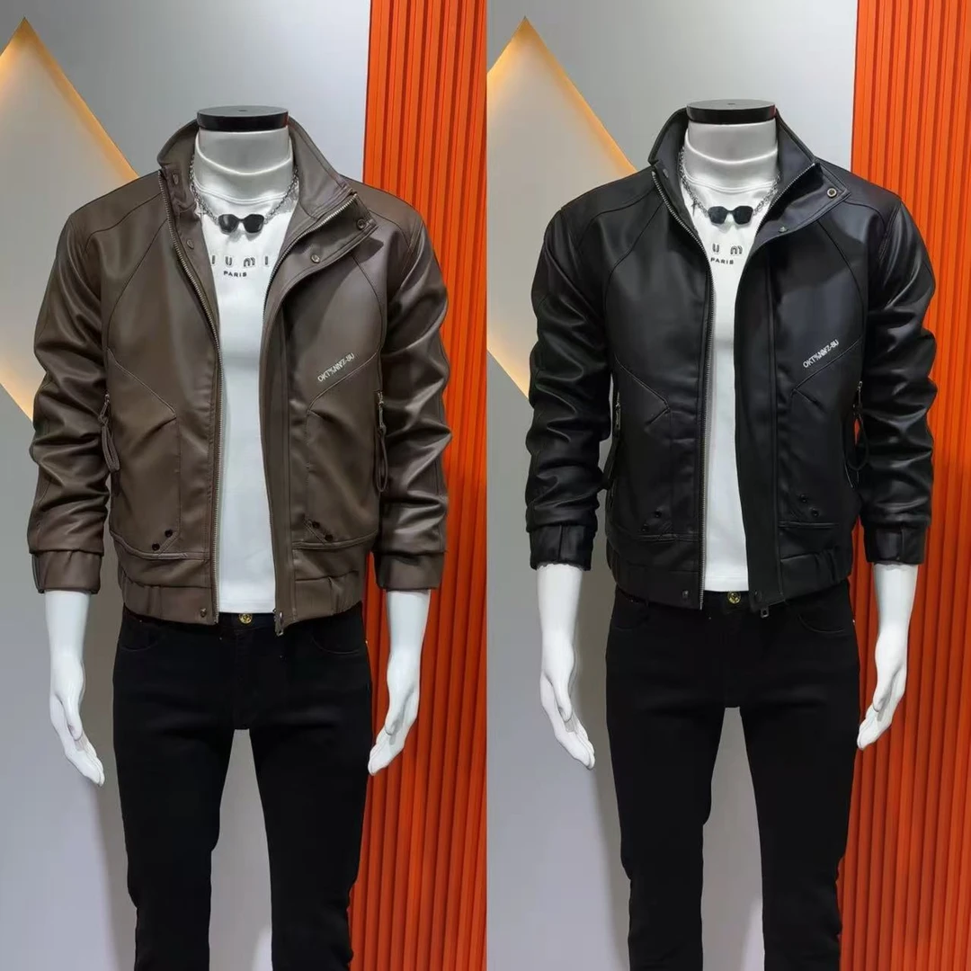 男士冬款皮衣简约大气休闲百搭时尚加绒皮夹克韩版立领修身工装褂