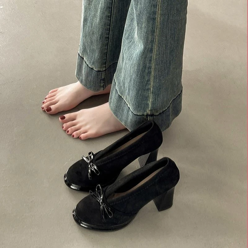 高跟鞋复古法式气质名媛风高跟鞋女秋季新款粗跟不累阔腿裤必备鞋