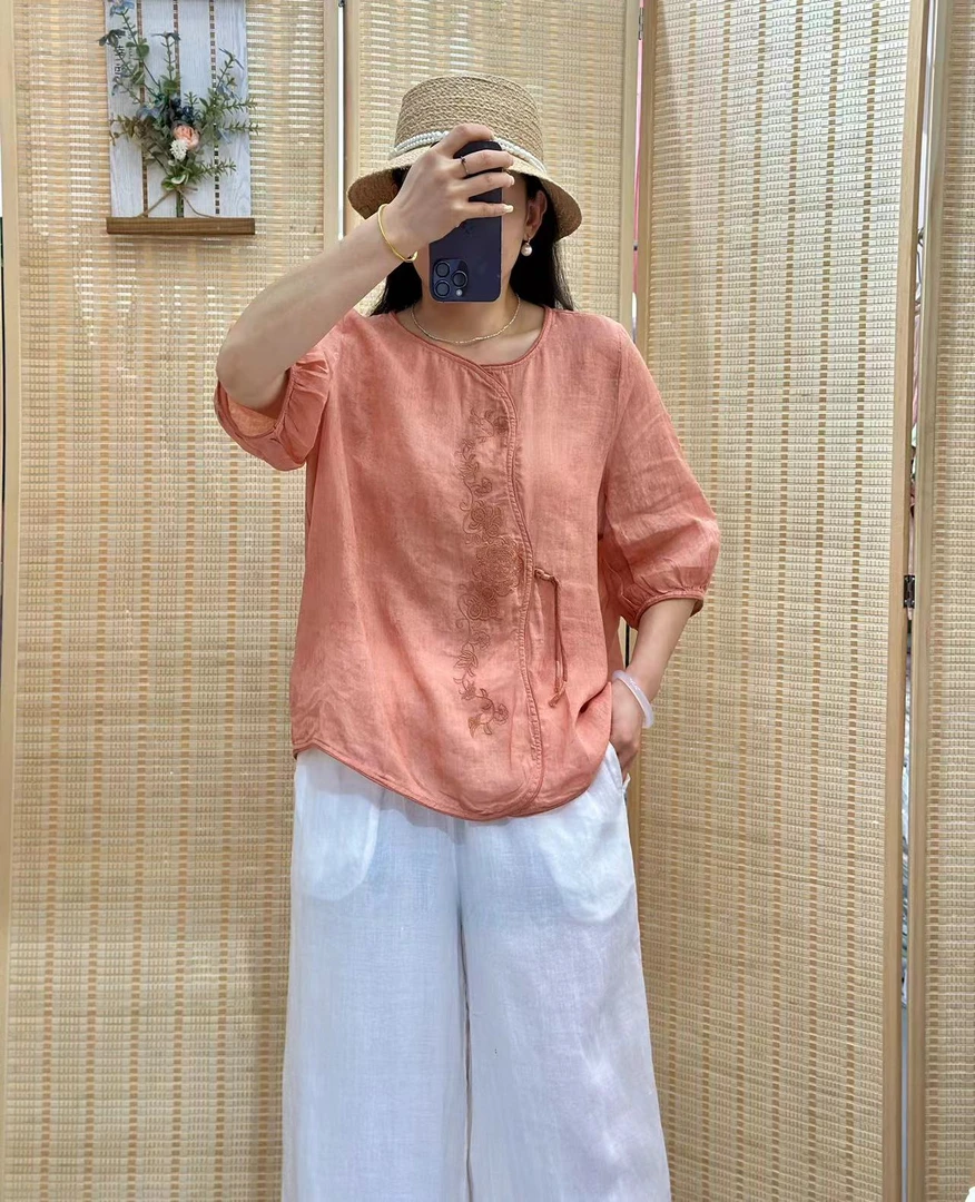【高姐】新中式宽松苎麻刺绣圆领碎花短袖上衣50209-1肩40胸120长60