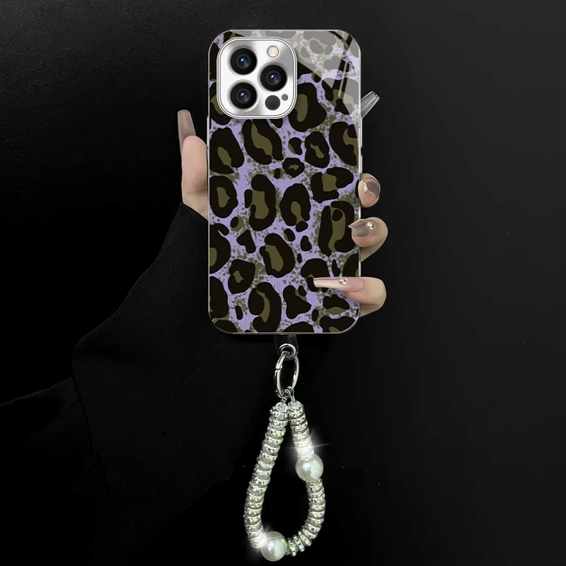 适用于苹果/oppo/华为/vivo/小米复古豹纹电镀玻璃手链防摔手机壳