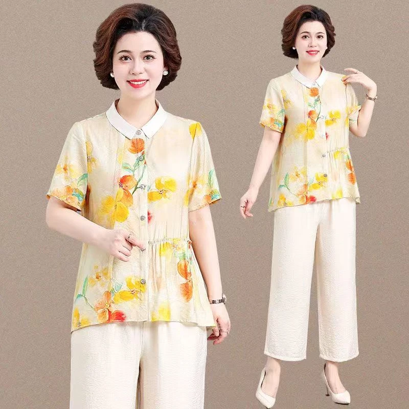 {春姐42}洋气妈妈夏装时尚翻领短袖上衣中老年女装T恤薄款