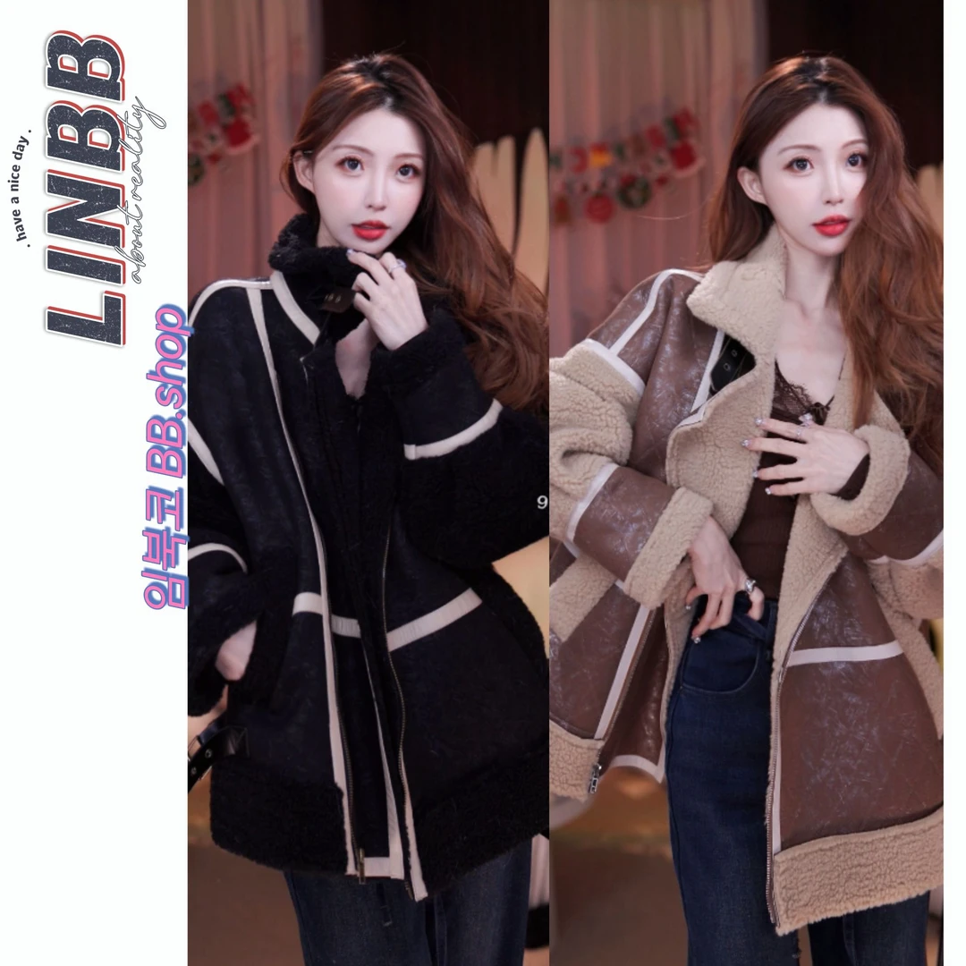 林北鼻-【玛莎女】韩代暗纹工艺奶蛋白皮毛一体厚外套大衣