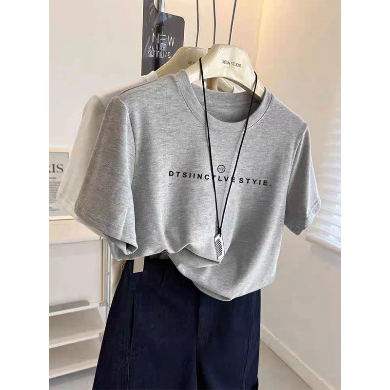 圆领印花短袖t恤女2025夏季新款时尚百搭洋气显瘦正肩打底衫上衣