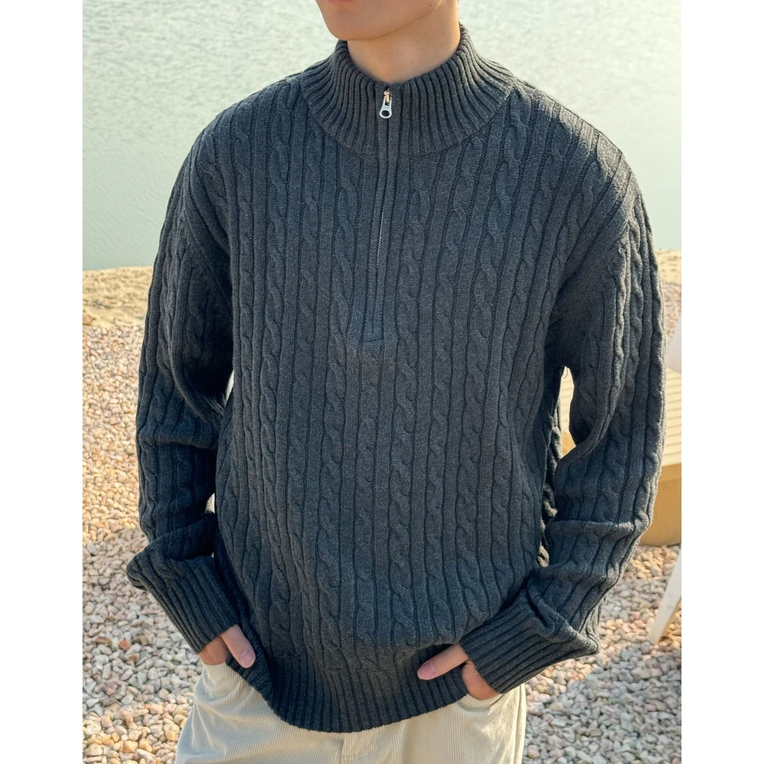 老钱风绞花麻花半拉链立领套头毛衣针织衫秋冬