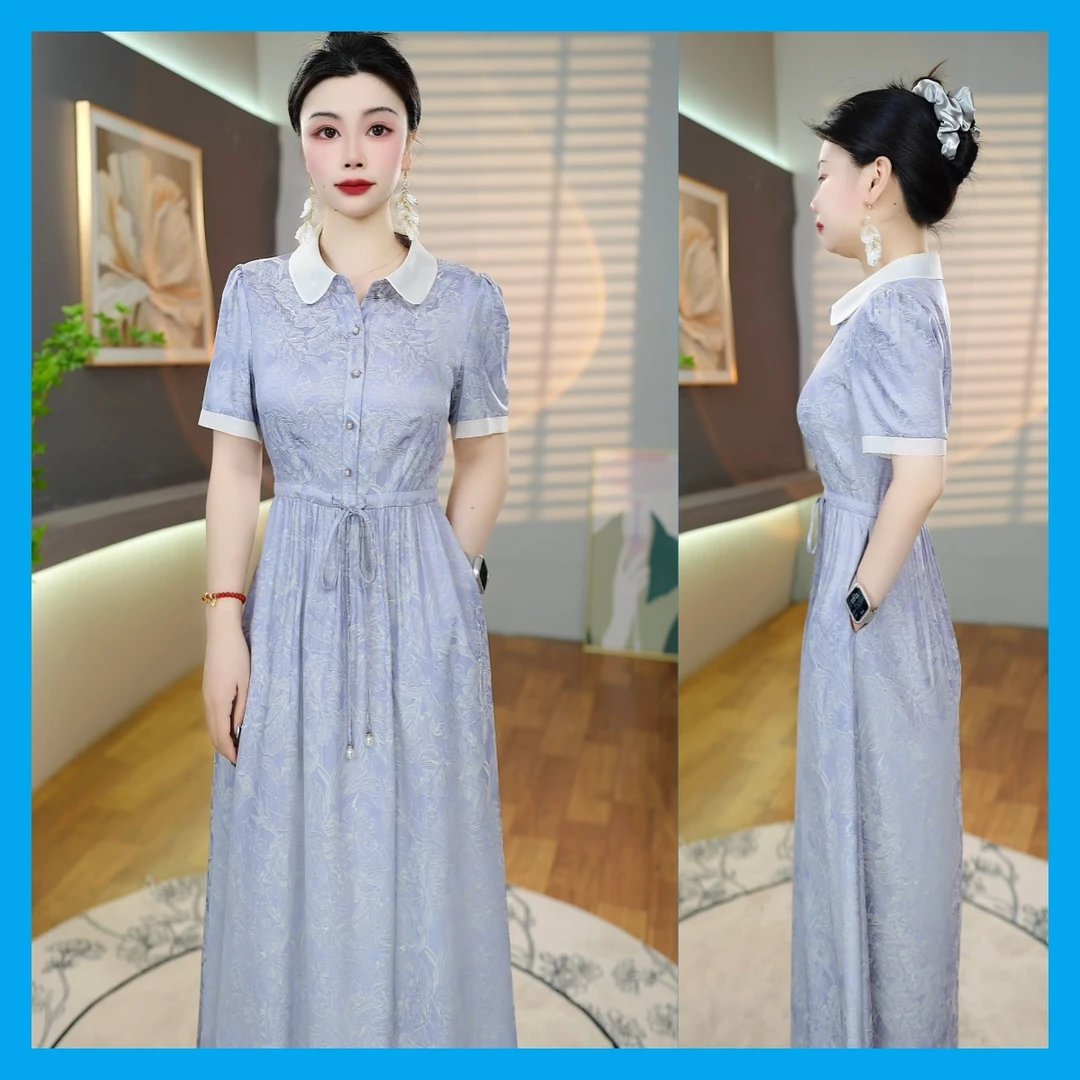 [连衣裙]X17夏季新款国风时尚连衣裙女气质印花遮肉显瘦中长款裙
