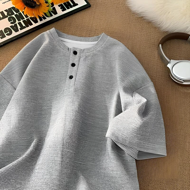 美式潮流亨利领短袖T恤男夏季休闲加肥加大码宽松纯色半袖体恤衫