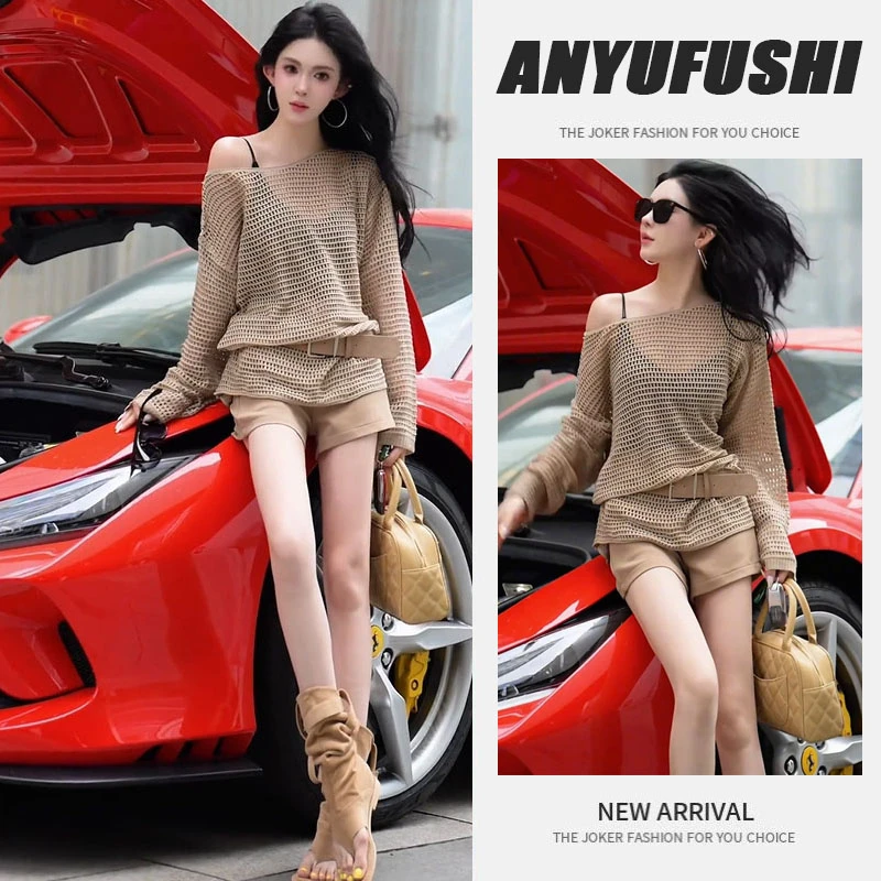 夏季穿搭一整套2025新款韩版宽松慵懒镂空针织罩衫休闲短裤两件套