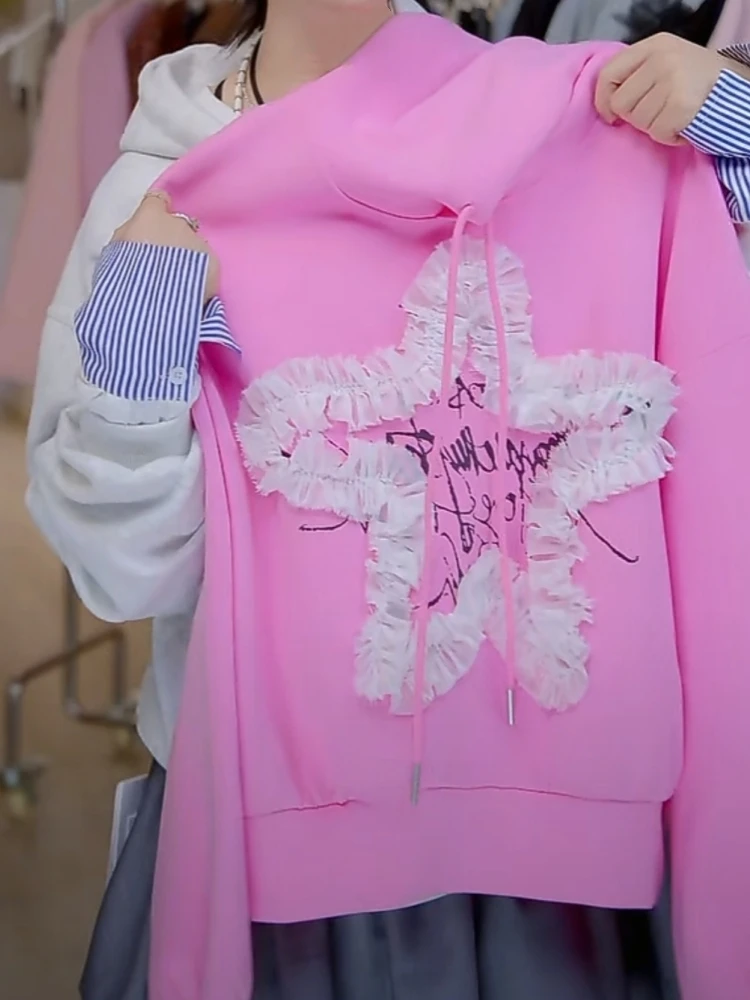 【济州岛】木耳边五角星设计 涂鸦字母连帽卫衣